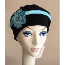 NWT Imaga Cotton BERET Hat BLACK with Turquoise Trim SMALL  eb-81742111